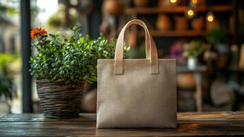 A canvas bag sitting on a wooden table photo