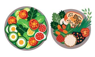 Two plates with different types of vegetables and fruits vector