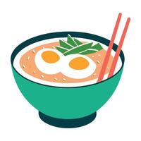 Spicy instant noodles soup or ramen with a half egg bowl with chopsticks vector