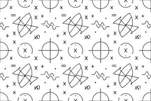 Mathematical seamless pattern with handwritten algebra formulas, equations and hand drawn geometry figures on white paper. Science endless texture vector