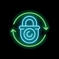 Neon icon of padlock surrounded by rotating arrows symbolizing recurring security checks vector