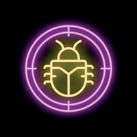 Neon sign representing debug with a target aiming a bug vector