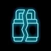 Neon blue broken padlock cyber security icon representing data breach vector