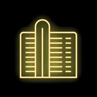 Glowing neon icon of modern office building on black background vector