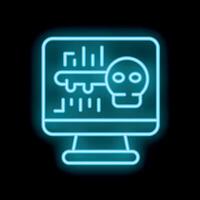 Neon blue icon of a computer screen showing a key and a skull representing cybersecurity threats vector