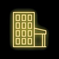 Glowing neon sign of a multi storey building with a canopy entrance on a black background vector