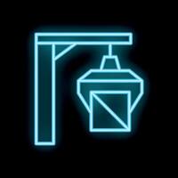Neon icon of a construction crane lifting a heavy load on black background vector