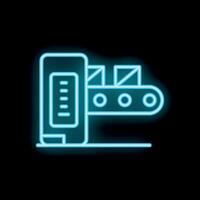 Neon conveyor belt moving boxes through a scanner in a warehouse vector