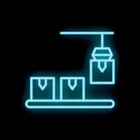 Neon sign of a mechanical arm lifting a package from a conveyor belt vector
