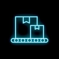 Neon icon of cardboard boxes moving on conveyor belt vector