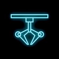 Neon icon of robotic claw picking up object on black background vector