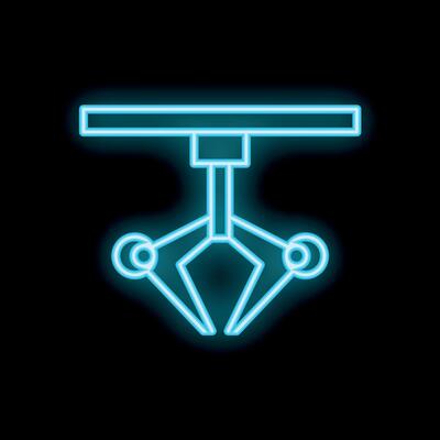 Neon icon of robotic claw picking up object on black background