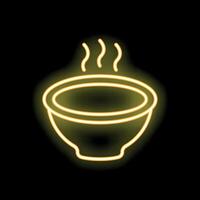 Neon sign of steaming hot bowl of soup on black background vector