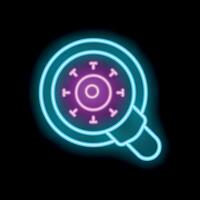 Neon magnifying glass zooming in on virus with text sign, covid 19 pandemic concept vector