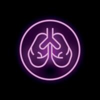 Neon sign of lungs in circle on black background vector