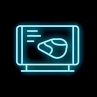 Neon icon of computer showing brain scan results displayed on black background vector