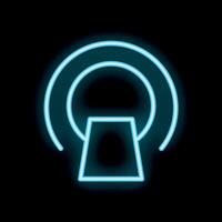 Neon icon of a tomography scan machine glowing blue on black background vector