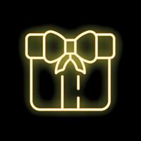 Neon yellow gift box with ribbon shining on black background vector