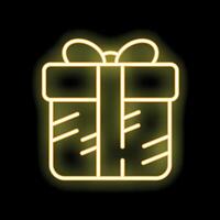 Neon gift box shining on black background with copy space vector