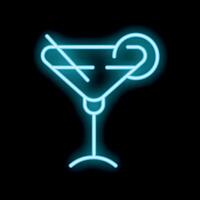 Blue neon sign showing cocktail glass with slice of lemon and drinking straw on black background vector