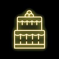 Yellow neon sign of two tiered birthday cake with frosting and berries on top vector