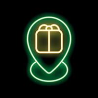 Neon icon of location pin containing gift box on black background vector