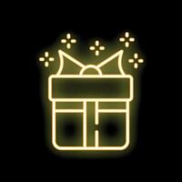 Yellow neon sign of gift box with ribbon on black background vector