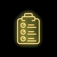 Neon yellow clipboard with checklist icon on black background vector