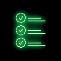 Green neon checkmark completing tasks in checklist on black background vector