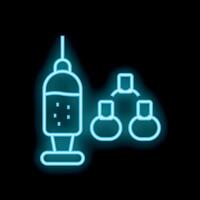 Neon style icon syringe injecting medicine into network sharing data vector