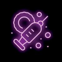 Neon syringe with virus in pink glowing on black background vector