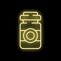 Yellow neon sign of a jar with a lid on black background vector