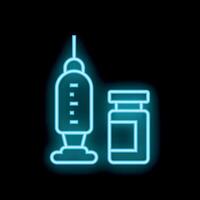 Neon style icon of syringe and vial glowing on dark background vector