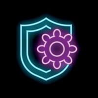 Neon shield protecting gear icon representing secure configuration vector