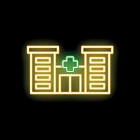 Glowing neon sign depicting a hospital building with green cross on black background vector