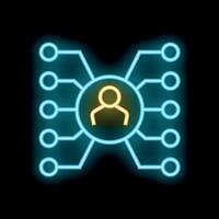 Neon icon representing network with central human figure connected to multiple nodes vector