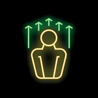 Neon icon representing personal growth with a person and arrows pointing up vector