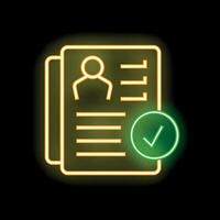 Neon icon of curriculum vitae with check mark approving candidate profile vector