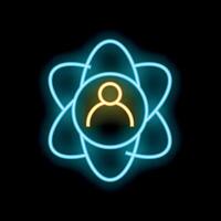 Neon icon of atom model with human silhouette representing science and technology vector
