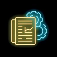 Neon glowing document with gears icon representing workflow automation vector