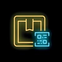 Neon icon of qr code being scanned over cardboard box for delivery tracking vector