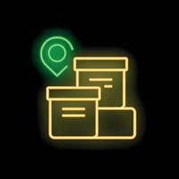 Neon icon of location pin pointing at stack of cardboard boxes vector