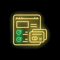 Neon glowing icon of successful online payment validation with credit card and checklist vector