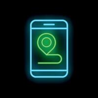 Neon smartphone showing gps location tracking app icon vector