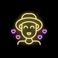 Neon sign of happy man wearing a hat surrounded by hearts vector