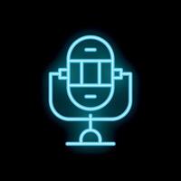 Neon icon of a studio microphone on a stand glowing blue on black background vector