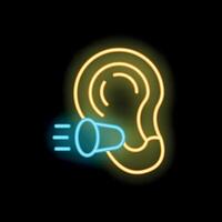 Ear protecting itself from noise with earplug neon sign icon vector