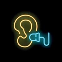 Neon icon of ear canal with a hearing aid improving hearing ability vector