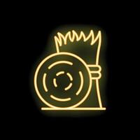 Neon sign of round wooden shield and torch burning with bright fire on black background vector