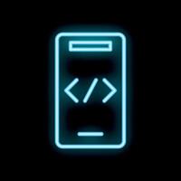 Neon icon of smartphone showing programming code on screen vector